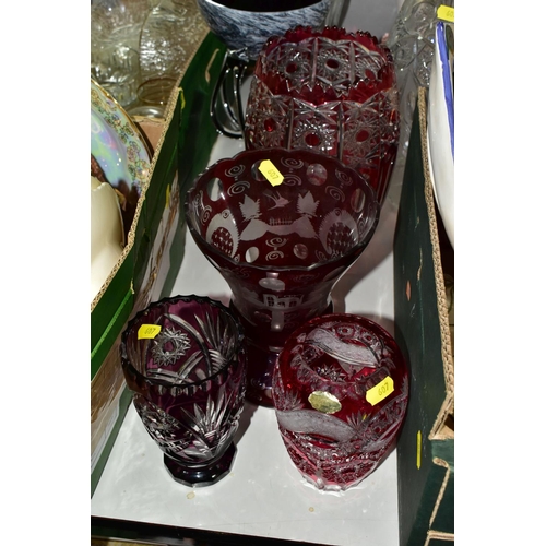 607 - THREE BOXES OF CERAMICS, GLASS AND SUNDRIES, to include four cranberry glass vases cut to clear, a c... 