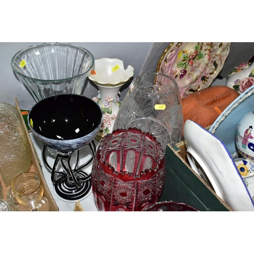 607 - THREE BOXES OF CERAMICS, GLASS AND SUNDRIES, to include four cranberry glass vases cut to clear, a c... 