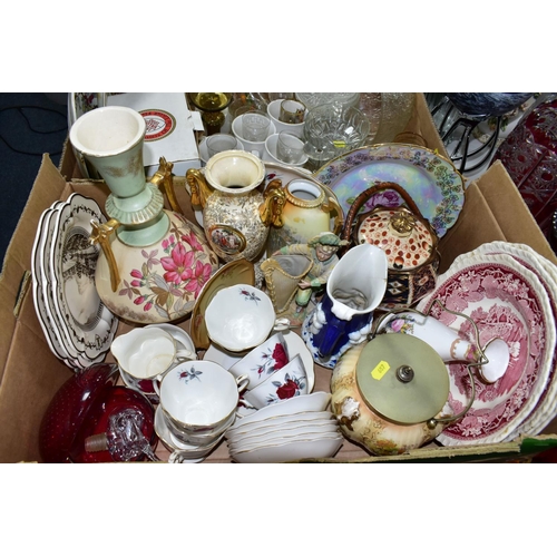 607 - THREE BOXES OF CERAMICS, GLASS AND SUNDRIES, to include four cranberry glass vases cut to clear, a c... 