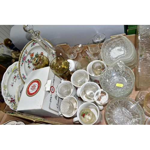 607 - THREE BOXES OF CERAMICS, GLASS AND SUNDRIES, to include four cranberry glass vases cut to clear, a c... 