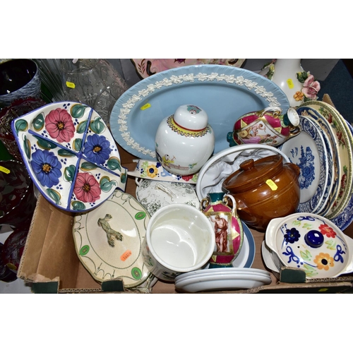 607 - THREE BOXES OF CERAMICS, GLASS AND SUNDRIES, to include four cranberry glass vases cut to clear, a c... 