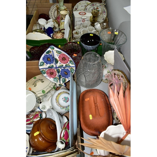 607 - THREE BOXES OF CERAMICS, GLASS AND SUNDRIES, to include four cranberry glass vases cut to clear, a c... 