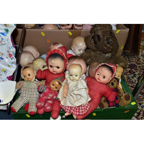 608 - FOUR BOXES OF DOLLS AND SOFT TOYS, to include over forty baby dolls ranging in ages from 1930's, 194... 