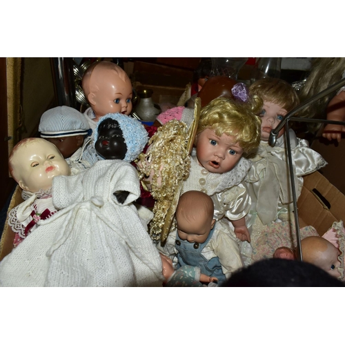 608 - FOUR BOXES OF DOLLS AND SOFT TOYS, to include over forty baby dolls ranging in ages from 1930's, 194... 