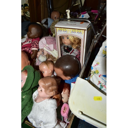 608 - FOUR BOXES OF DOLLS AND SOFT TOYS, to include over forty baby dolls ranging in ages from 1930's, 194... 