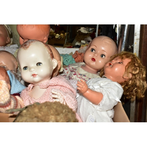 608 - FOUR BOXES OF DOLLS AND SOFT TOYS, to include over forty baby dolls ranging in ages from 1930's, 194... 