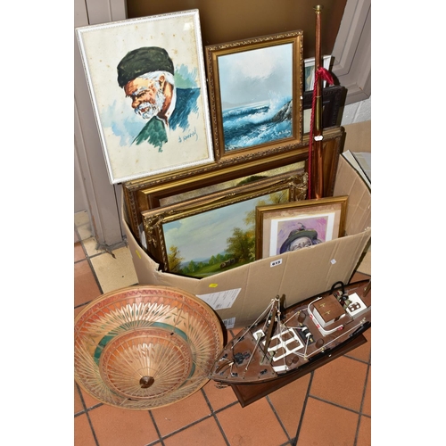 615 - FOUR BOXES OF PICTURES, AND SUNDRIES, to include a framed 3D copper picture of elephants, approx. te... 