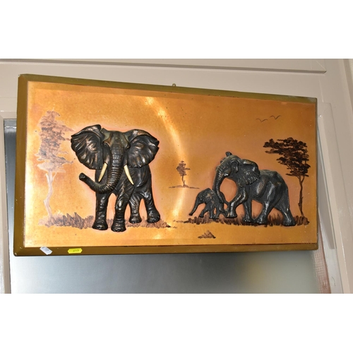 615 - FOUR BOXES OF PICTURES, AND SUNDRIES, to include a framed 3D copper picture of elephants, approx. te... 