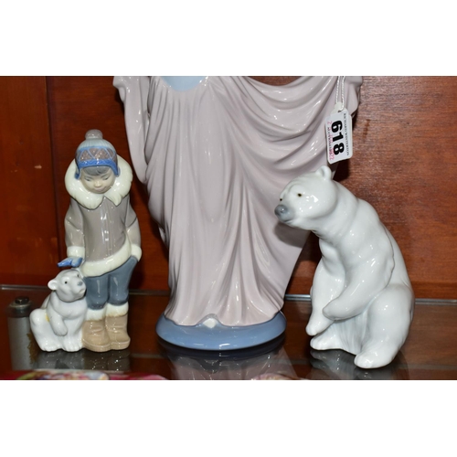 618 - THREE LLADRO FIGURES, comprising 'Eskimo Boy with Pet' 5238, designed by Juan Huerta, 'The Dancer' 5... 