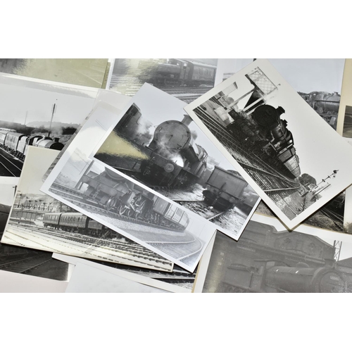 622 - A QUANTITY OF POSTCARD SIZE BLACK & WHITE STEAM LOCOMOTIVE PHOTOGRAPHS, mainly B.R. era views, many ... 