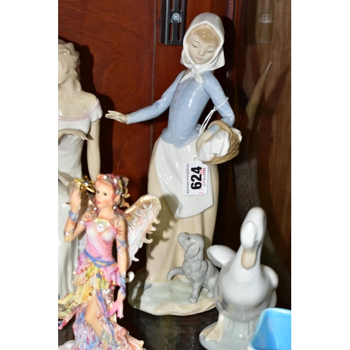 624 - A GROUP OF ORNAMENTS AND GIFTWARES, to include a Nao figurine of a girl with a puppy, a Nao duck, tw... 