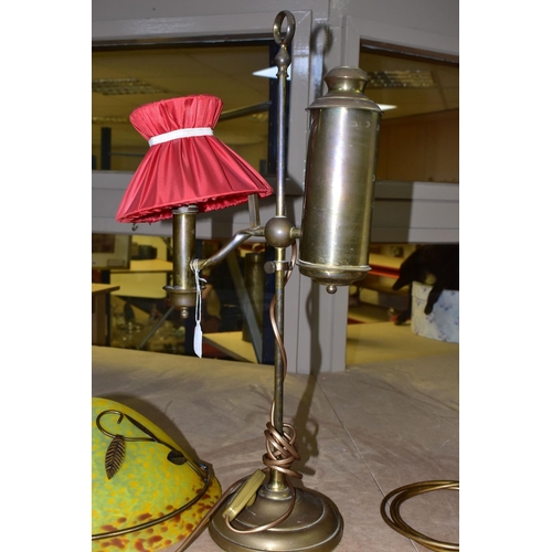 643 - A BRASS STUDENT READING LAMP TOGETHER WITH TWO REPRODUCTION ART DECO WALL LIGHTS, (ONE ONLY WITH A S... 