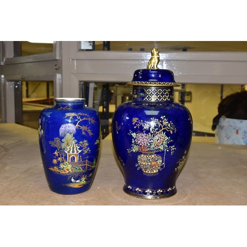 649 - A CARLTON WARE VASE AND GINGER JAR, the vase height 23cm, decorated with Willow Pattern in polychrom... 