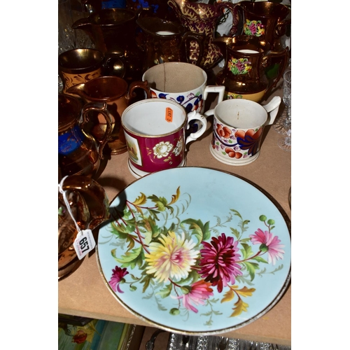 657 - A GROUP OF VICTORIAN STAFFORDSHIRE COPPER LUSTRE WARE, to include twelve jugs some with three blue l... 