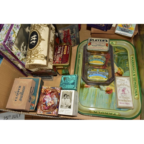 659 - FOUR BOXES OF  EARLY 20TH CENTURY  CONFECTIONERY TINS AND BOXES, to include a small group of militar... 