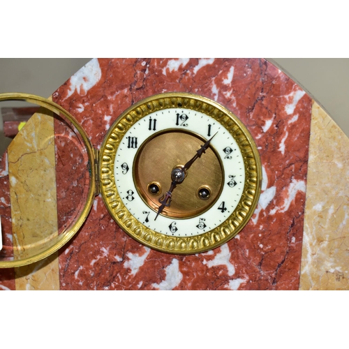 666 - A RED MARBLE CLOCK GARNITURE WITH A URANIUM GLASS DIAL, Arabic numeral hour markers, Japy Freres bel... 