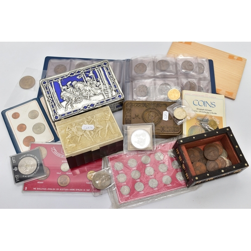 132 - A BOX OF MIXED COINAGE, to include a small album of copper coins, tins and boxes of world coins, 3x ... 