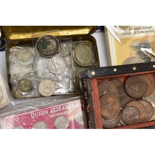 132 - A BOX OF MIXED COINAGE, to include a small album of copper coins, tins and boxes of world coins, 3x ... 