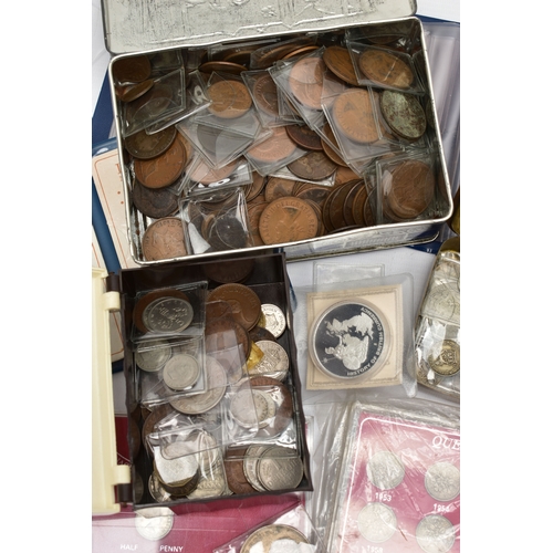 132 - A BOX OF MIXED COINAGE, to include a small album of copper coins, tins and boxes of world coins, 3x ... 