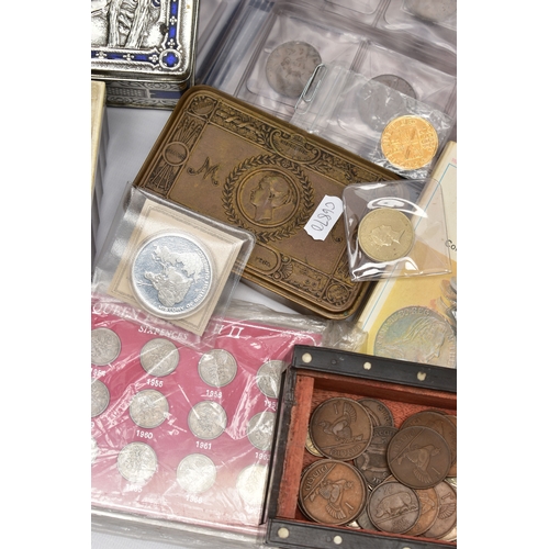 132 - A BOX OF MIXED COINAGE, to include a small album of copper coins, tins and boxes of world coins, 3x ... 