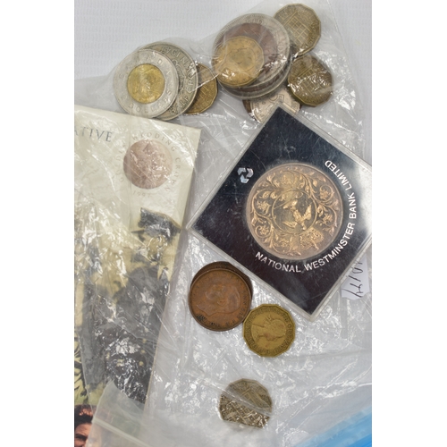 134 - A SMALL BOX CONTAINING COINS AND COMMEMORATIVES, to include 2X Festival of Britain 1951 crowns, a 19... 