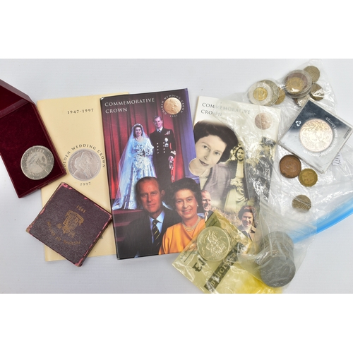 134 - A SMALL BOX CONTAINING COINS AND COMMEMORATIVES, to include 2X Festival of Britain 1951 crowns, a 19... 