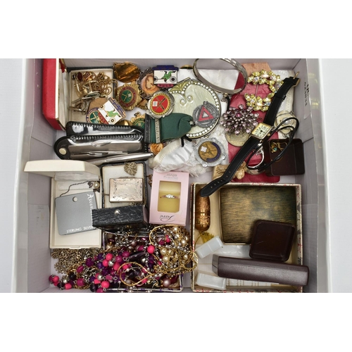 101 - A BOX OF ASSORTED COSTUME JEWELLERY AND OTHER ITEMS, to include an AF silver albert chain, each link... 