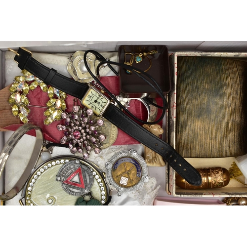 101 - A BOX OF ASSORTED COSTUME JEWELLERY AND OTHER ITEMS, to include an AF silver albert chain, each link... 