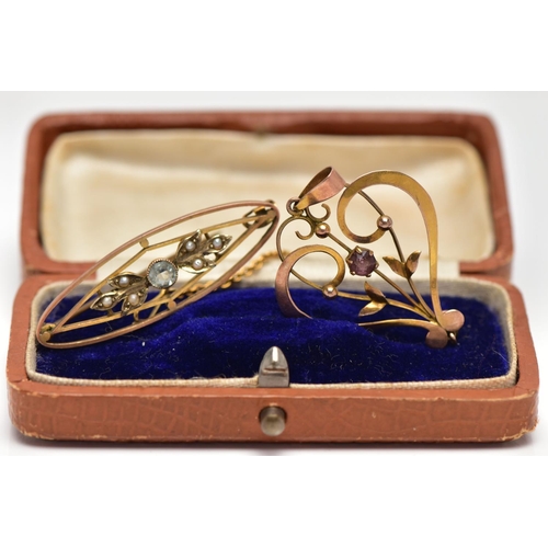 11 - AN EARLY 19TH CENTURY GOLD BROOCH AND PENDANT, an open work gold bar brooch, set with a circular cut... 