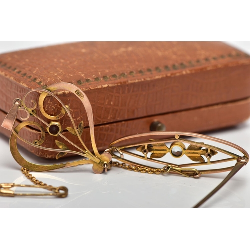 11 - AN EARLY 19TH CENTURY GOLD BROOCH AND PENDANT, an open work gold bar brooch, set with a circular cut... 