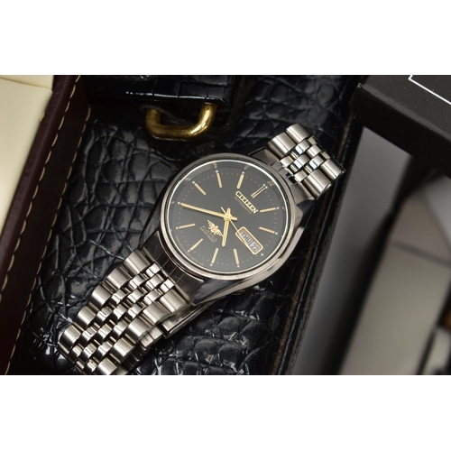 111 - A BOX OF ASSORTED WRISTWATCHES AND COSTUME JEWELLERY, to include a 'Citizen' automatic wristwatch, m... 