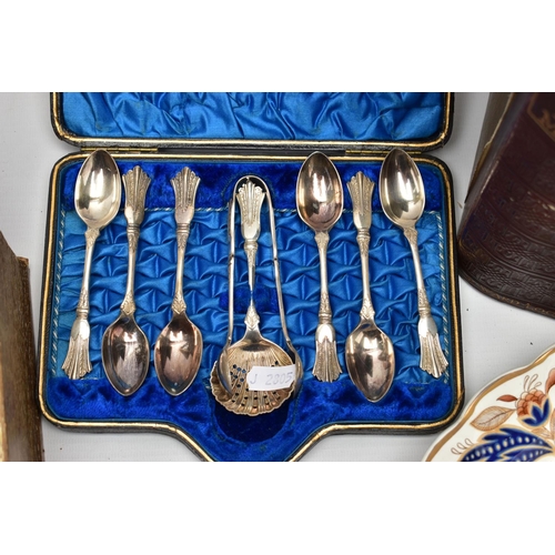 116 - A COMPLETE CANTEEN, A SET OF SILVER TEASPOONS AND OTHER ITEMS, light wooden canteen complete with a ... 