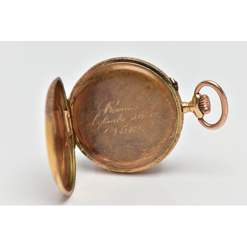 6 - A LADIES YELLOW METAL, OPEN FACE POCKET WATCH, non-running, keyless wind, round white dial, Arabic n... 