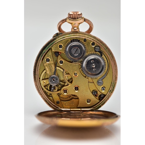 6 - A LADIES YELLOW METAL, OPEN FACE POCKET WATCH, non-running, keyless wind, round white dial, Arabic n... 