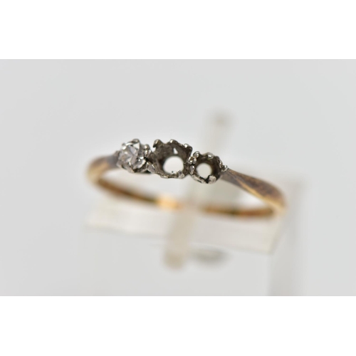 88 - AN AF YELLOW METAL DIAMOND RING, a three stone white metal setting, one single cut diamond prong set... 
