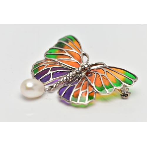 90 - A PLIQUE A JOUR AND CULTURED PEARL BUTTERFLY BROOCH, the textured white metal body, with orange, gre... 