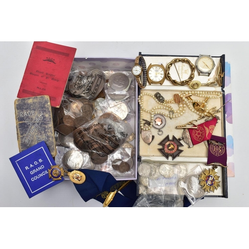 99 - A BOX OF ASSORTED WATCHES, CUFFLINKS, MEDALS AND COINS, to include a gents stainless steel, hand wou... 