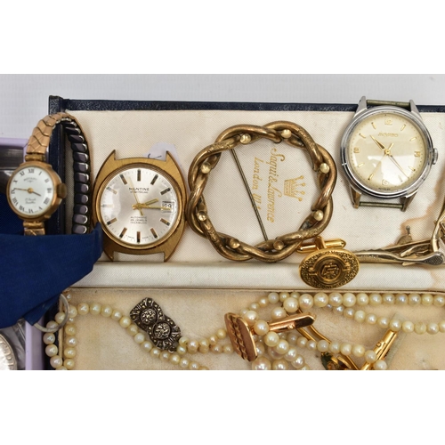 99 - A BOX OF ASSORTED WATCHES, CUFFLINKS, MEDALS AND COINS, to include a gents stainless steel, hand wou... 