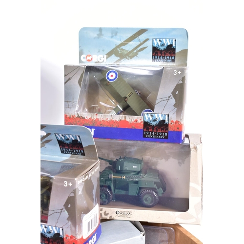 1 - A COLLECTION OF BOXED CORGI AND ATLAS EDITIONS MILITARY VEHICLES MODELS, the Corgi models are the fo... 