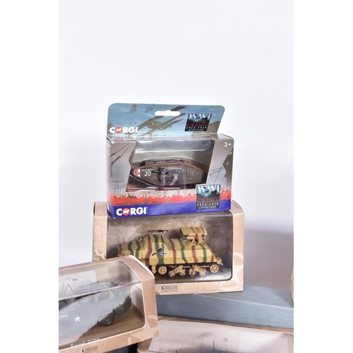 1 - A COLLECTION OF BOXED CORGI AND ATLAS EDITIONS MILITARY VEHICLES MODELS, the Corgi models are the fo... 