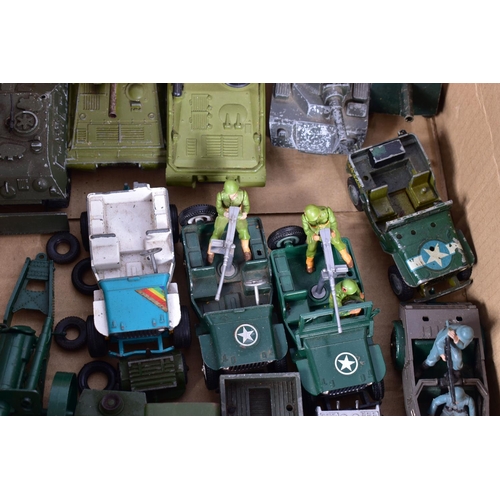 19 - A QUANTITY OF UNBOXED AND ASSORTED PLAYWORN DIECAST AND PLASTIC MILITARY VEHICLES AND FIGURES, to in... 