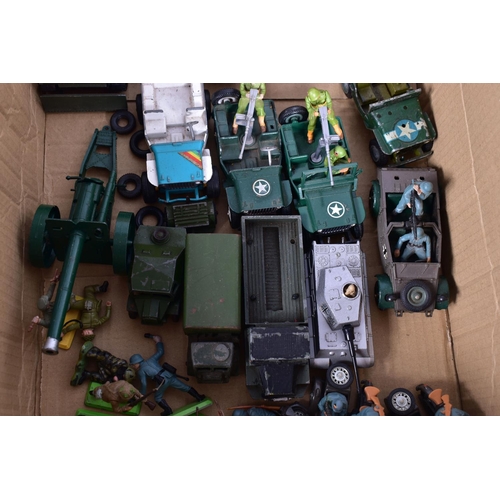 19 - A QUANTITY OF UNBOXED AND ASSORTED PLAYWORN DIECAST AND PLASTIC MILITARY VEHICLES AND FIGURES, to in... 