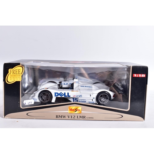 40 - THREE BOXED MAISTO 1:18 SCALE GT RACING CARS, Audi R8R Le Mans (1999), No.38881, B.M.W. V12 LMR (199... 