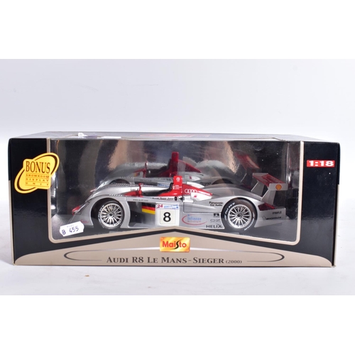 40 - THREE BOXED MAISTO 1:18 SCALE GT RACING CARS, Audi R8R Le Mans (1999), No.38881, B.M.W. V12 LMR (199... 