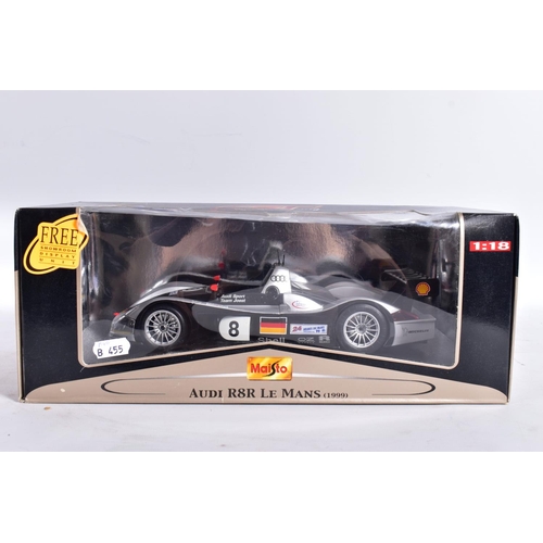 40 - THREE BOXED MAISTO 1:18 SCALE GT RACING CARS, Audi R8R Le Mans (1999), No.38881, B.M.W. V12 LMR (199... 