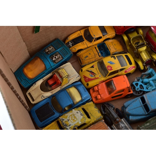 56 - A QUANTITY OF UNBOXED AND ASSORTED PLAYWORN DIECAST VEHICLES, to include Corgi Toys Plymouth Sports ... 