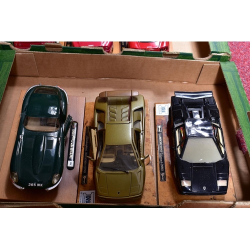 58 - A COLLECTION OF MAINLY UNBOXED AND ASSORTED BBURAGO 1:24 SCALE SPORTS CARS, all mounted on wooden pl... 