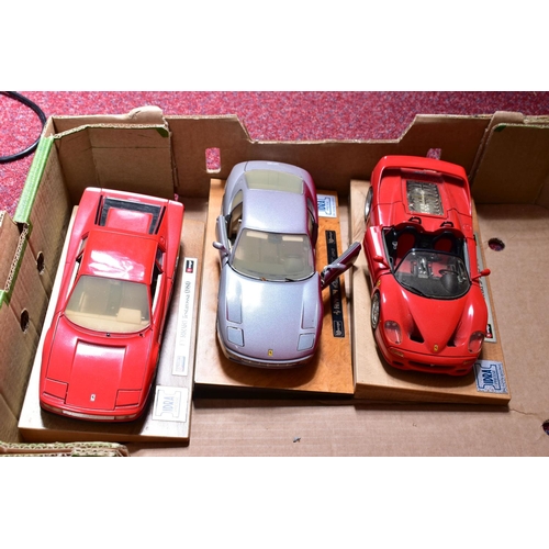 58 - A COLLECTION OF MAINLY UNBOXED AND ASSORTED BBURAGO 1:24 SCALE SPORTS CARS, all mounted on wooden pl... 