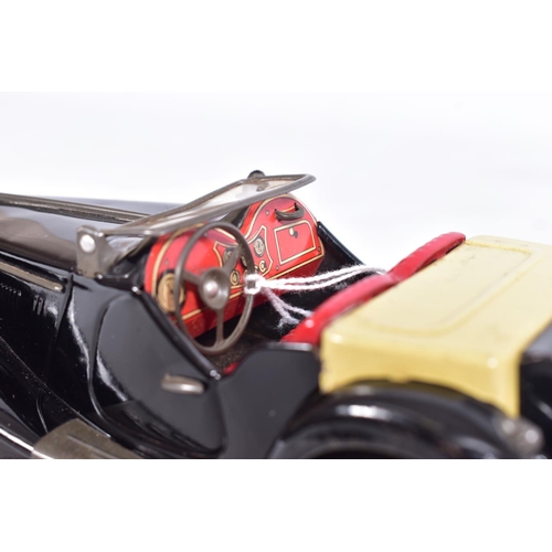 86 - AN UNBOXED BANDAI TINPLATE FRICTION DRIVE M.G. SPORTS CAR, black body with red interior, cream tonne... 