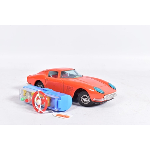 88 - AN UNBOXED BANDAI TINPLATE BATTERY OPERATED FERRARI 275 GT, orange body, red, white and blue interio... 